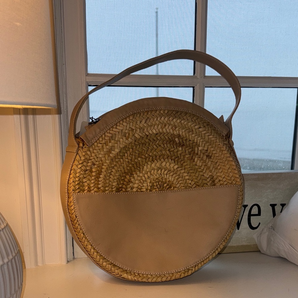 Light Pink Leather and Straw Woven Circle Bag